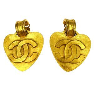 Chanel Dangle Heart Earrings Clip-On Gold 95P